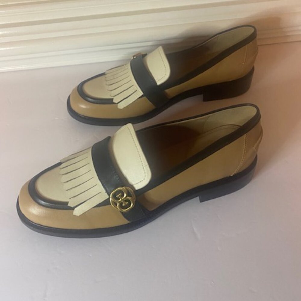 Sam Edelman Two-Tone Tan, Black & Cream Kiltie Loafers - Picture 4 of 7